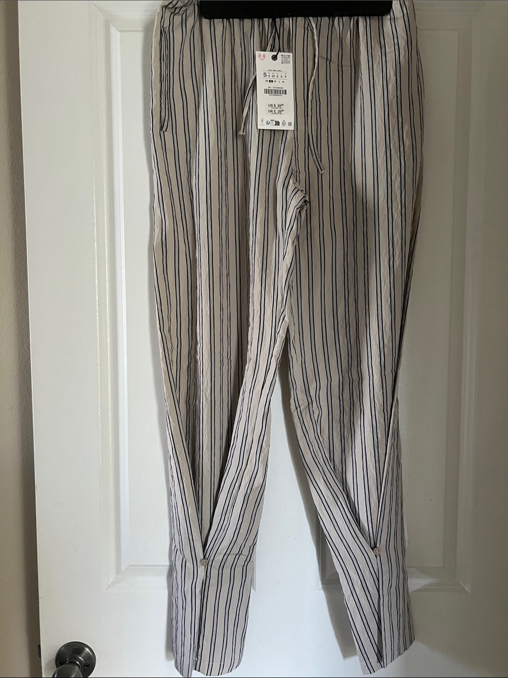 Striped women  Casual Drawstring Pants - grey / tan with Navy Stripes